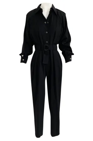 1980s Yves Saint Laurent Black Snap Front Flight Jumpsuit w Slip Belt