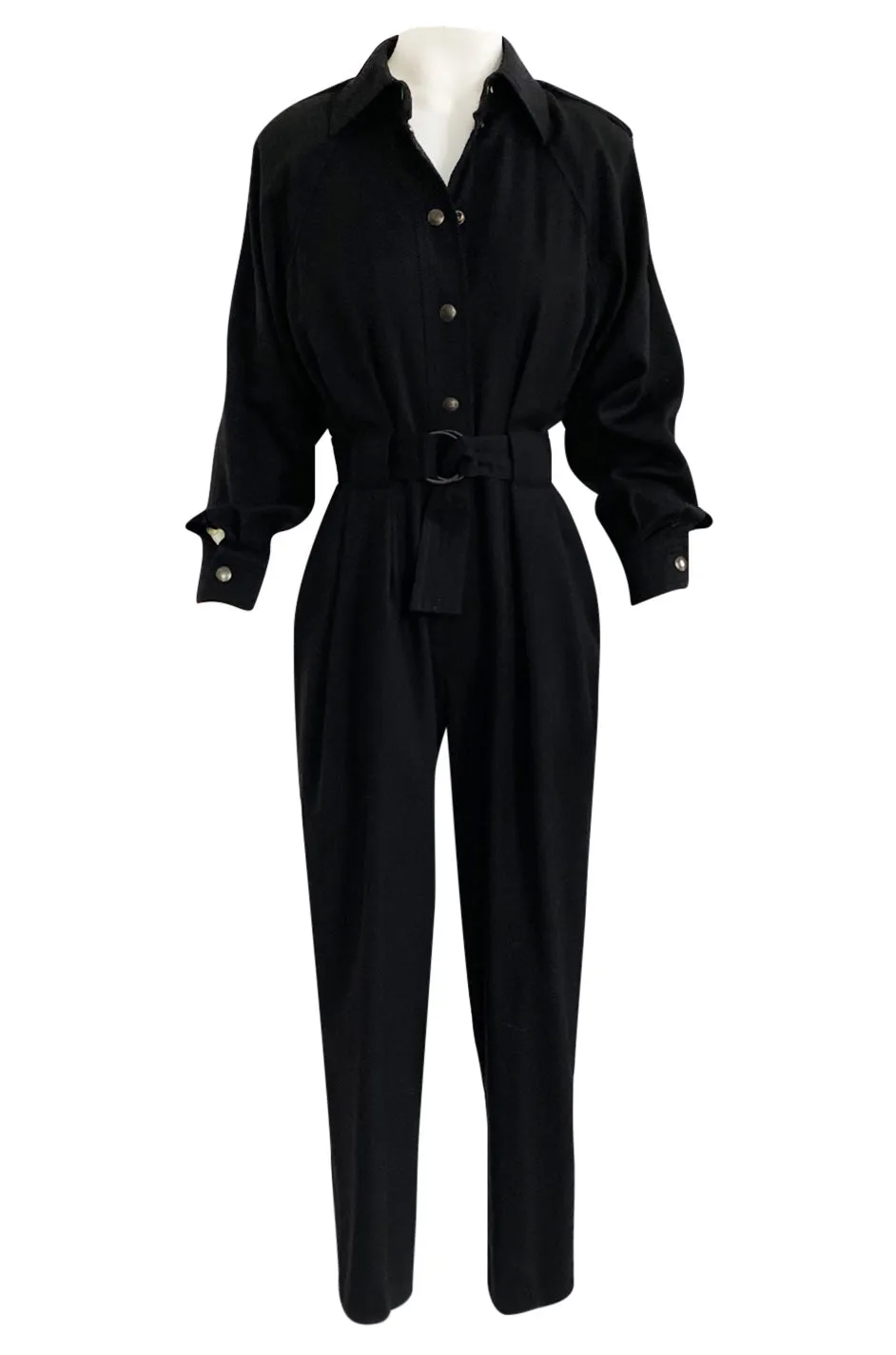 1980s Yves Saint Laurent Black Snap Front Flight Jumpsuit w Slip Belt