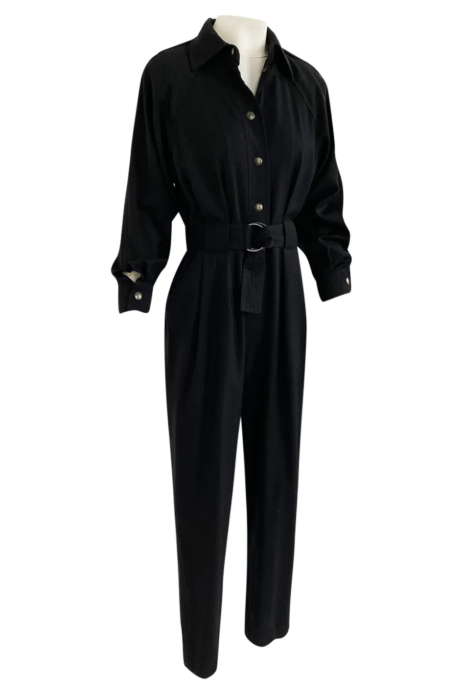 1980s Yves Saint Laurent Black Snap Front Flight Jumpsuit w Slip Belt
