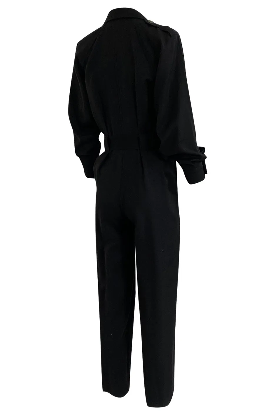 1980s Yves Saint Laurent Black Snap Front Flight Jumpsuit w Slip Belt