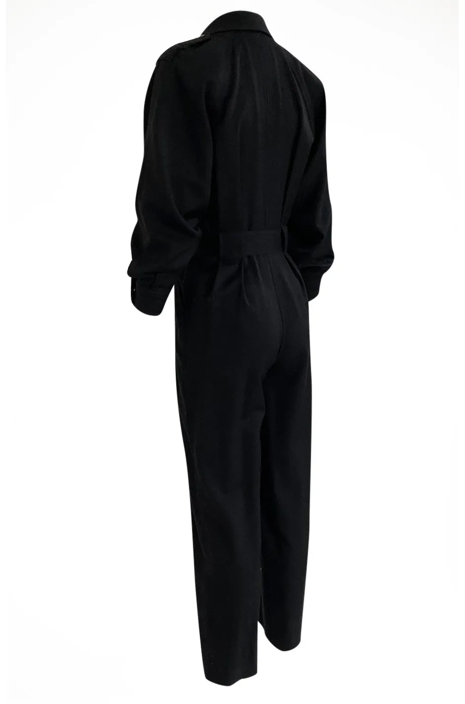 1980s Yves Saint Laurent Black Snap Front Flight Jumpsuit w Slip Belt