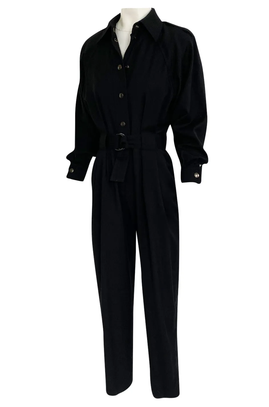 1980s Yves Saint Laurent Black Snap Front Flight Jumpsuit w Slip Belt