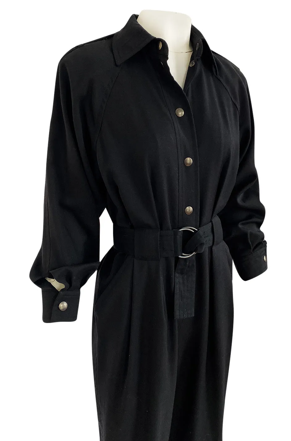 1980s Yves Saint Laurent Black Snap Front Flight Jumpsuit w Slip Belt