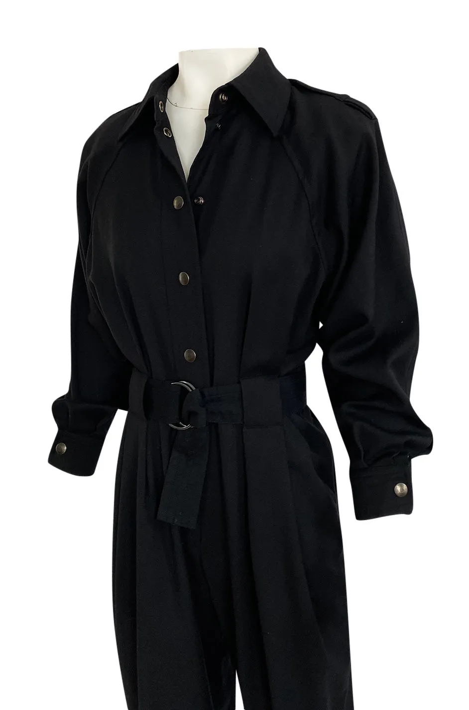 1980s Yves Saint Laurent Black Snap Front Flight Jumpsuit w Slip Belt