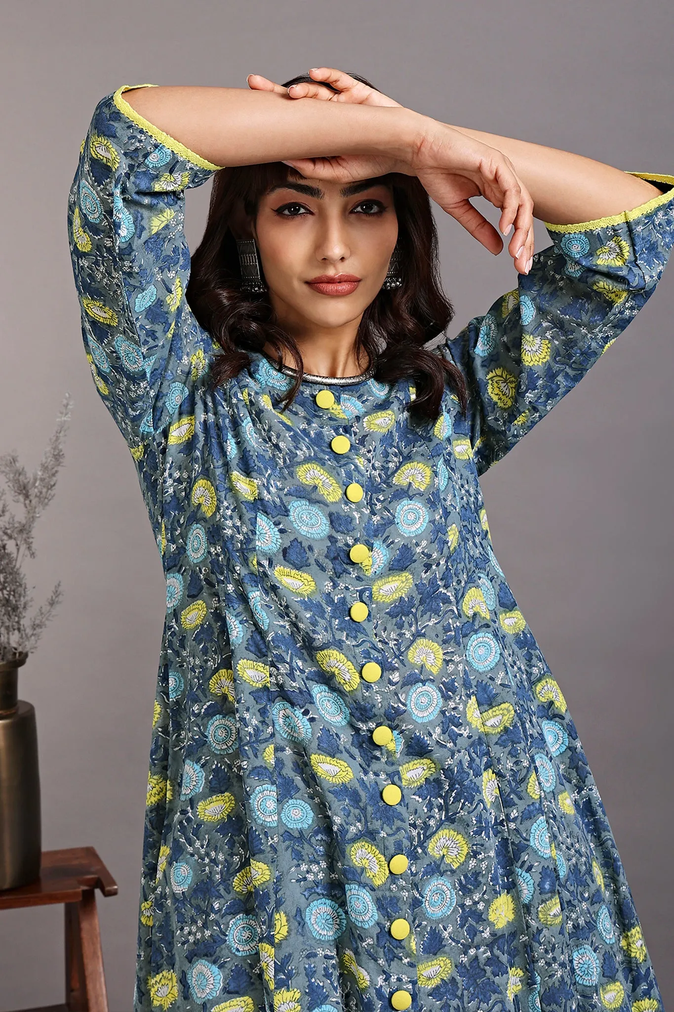 a-line button down kurta - grey chateau & sunshine yarrow