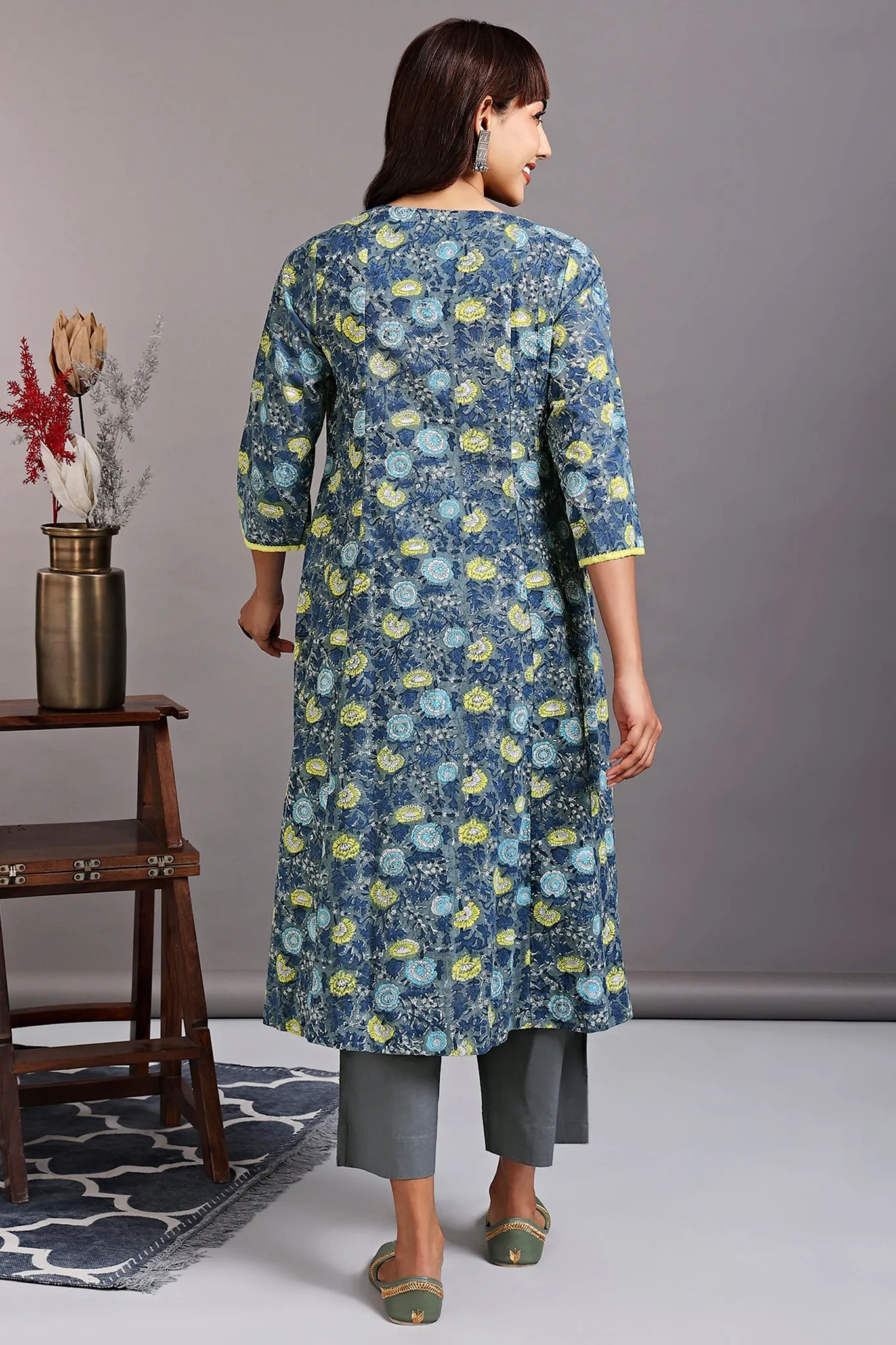 a-line button down kurta - grey chateau & sunshine yarrow
