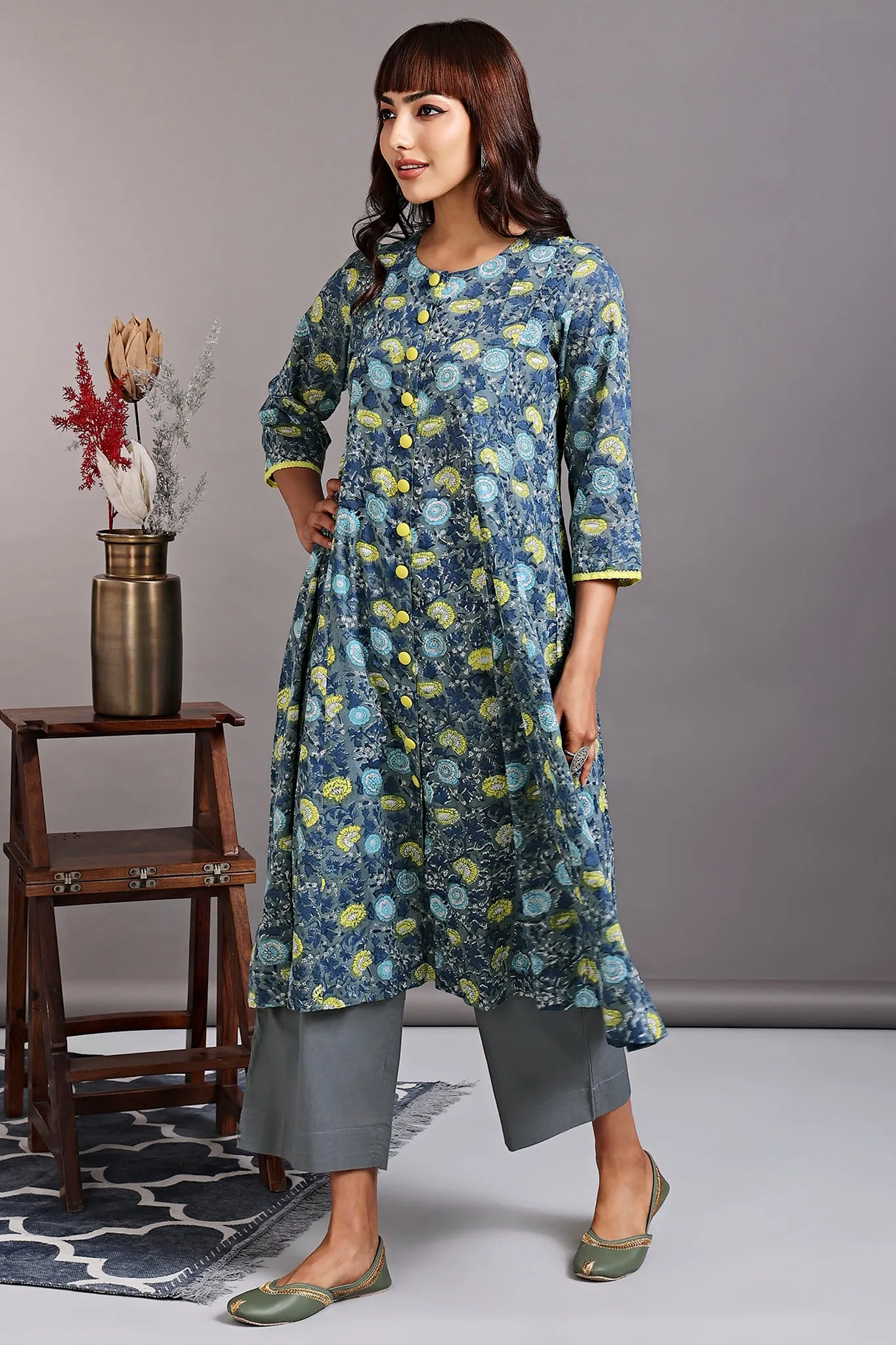 a-line button down kurta - grey chateau & sunshine yarrow