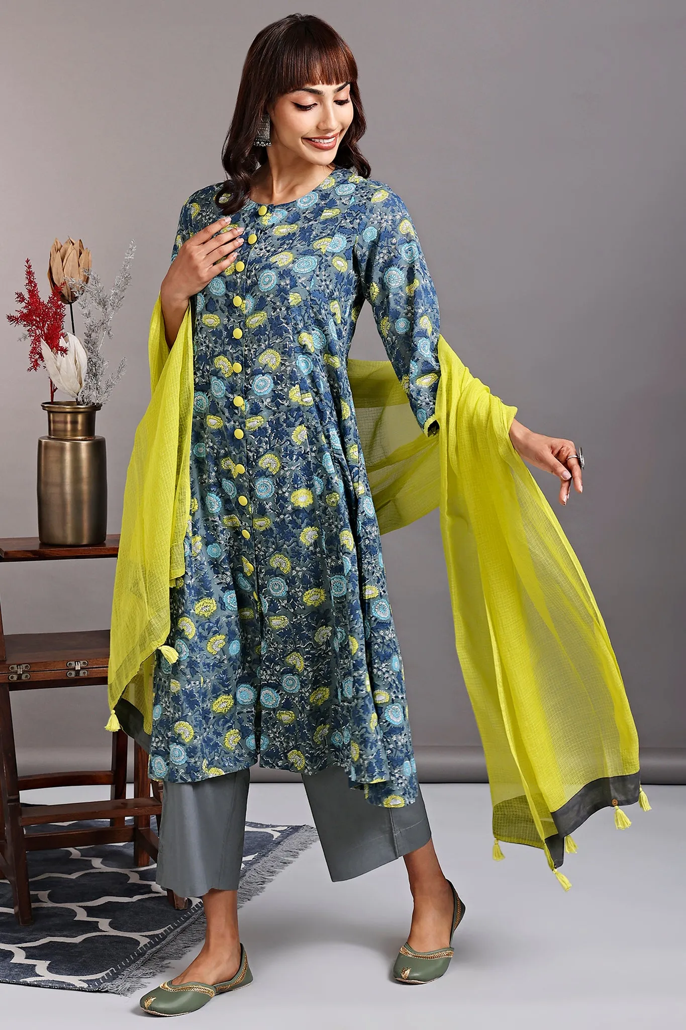 a-line button down kurta - grey chateau & sunshine yarrow