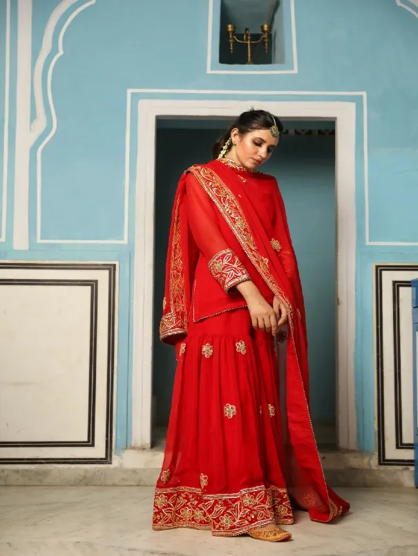 Afroz Red Embroidered Georgette Sharara Set (Set of 3)