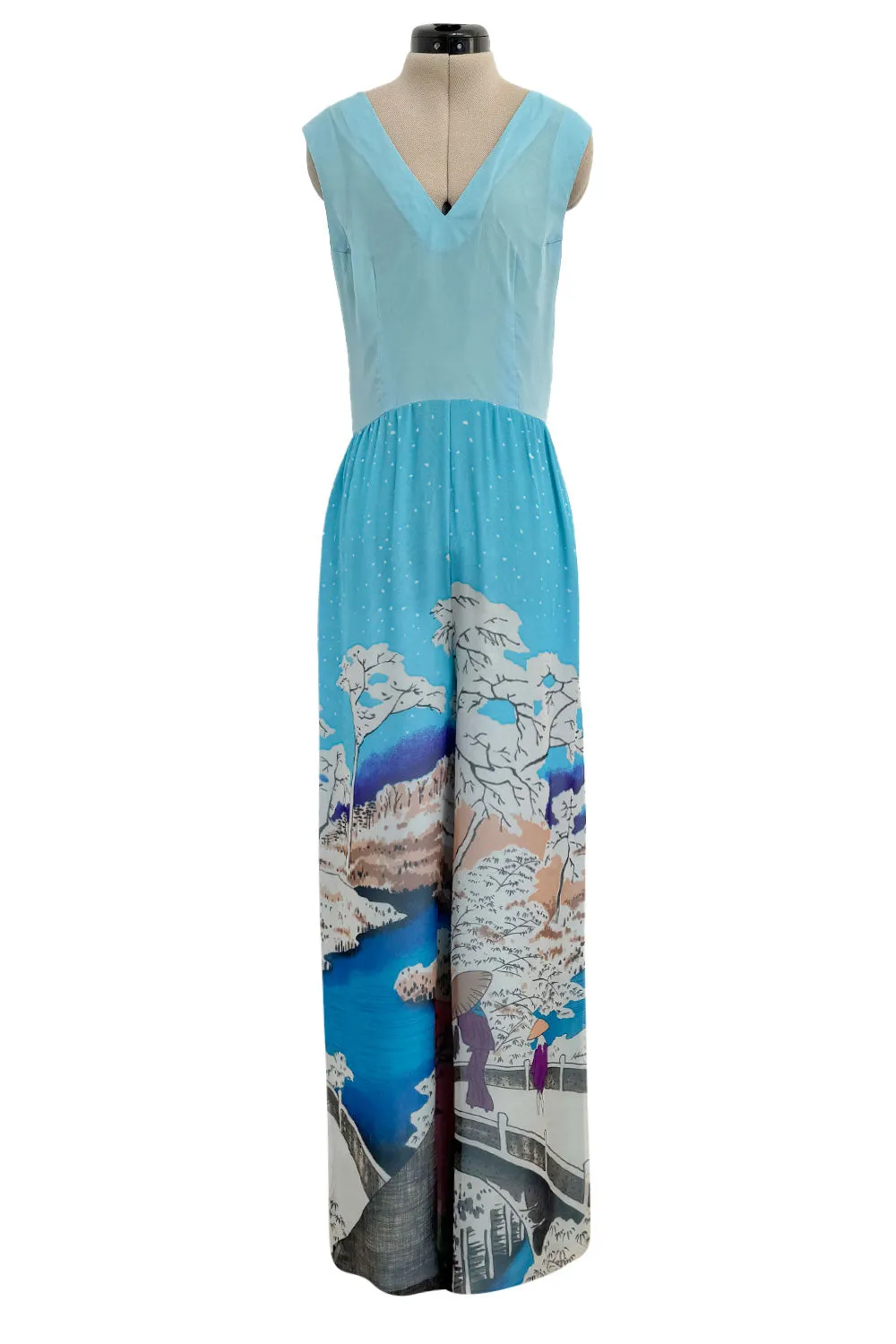 Amazing 1970s Hanae Mori Couture Silk Chiffon Scene Print Jumpsuit w Matching Cape Overlay