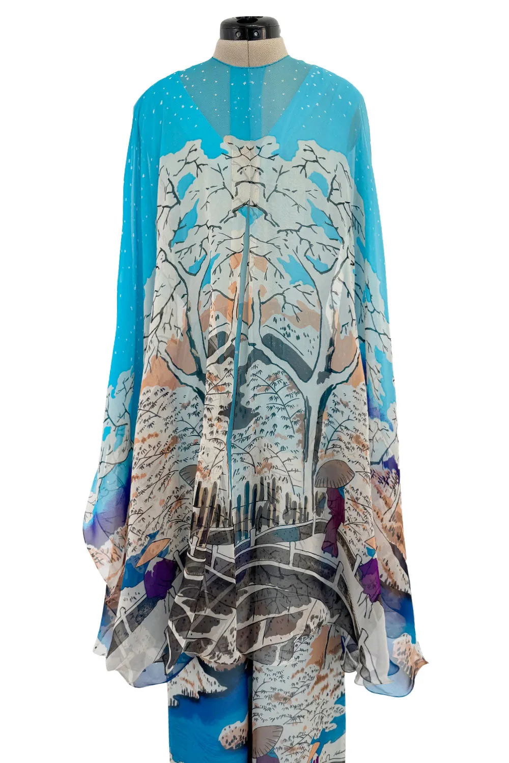 Amazing 1970s Hanae Mori Couture Silk Chiffon Scene Print Jumpsuit w Matching Cape Overlay