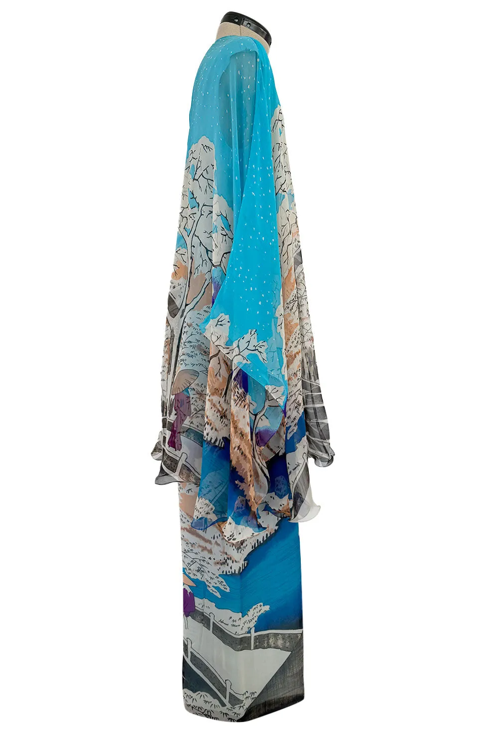 Amazing 1970s Hanae Mori Couture Silk Chiffon Scene Print Jumpsuit w Matching Cape Overlay