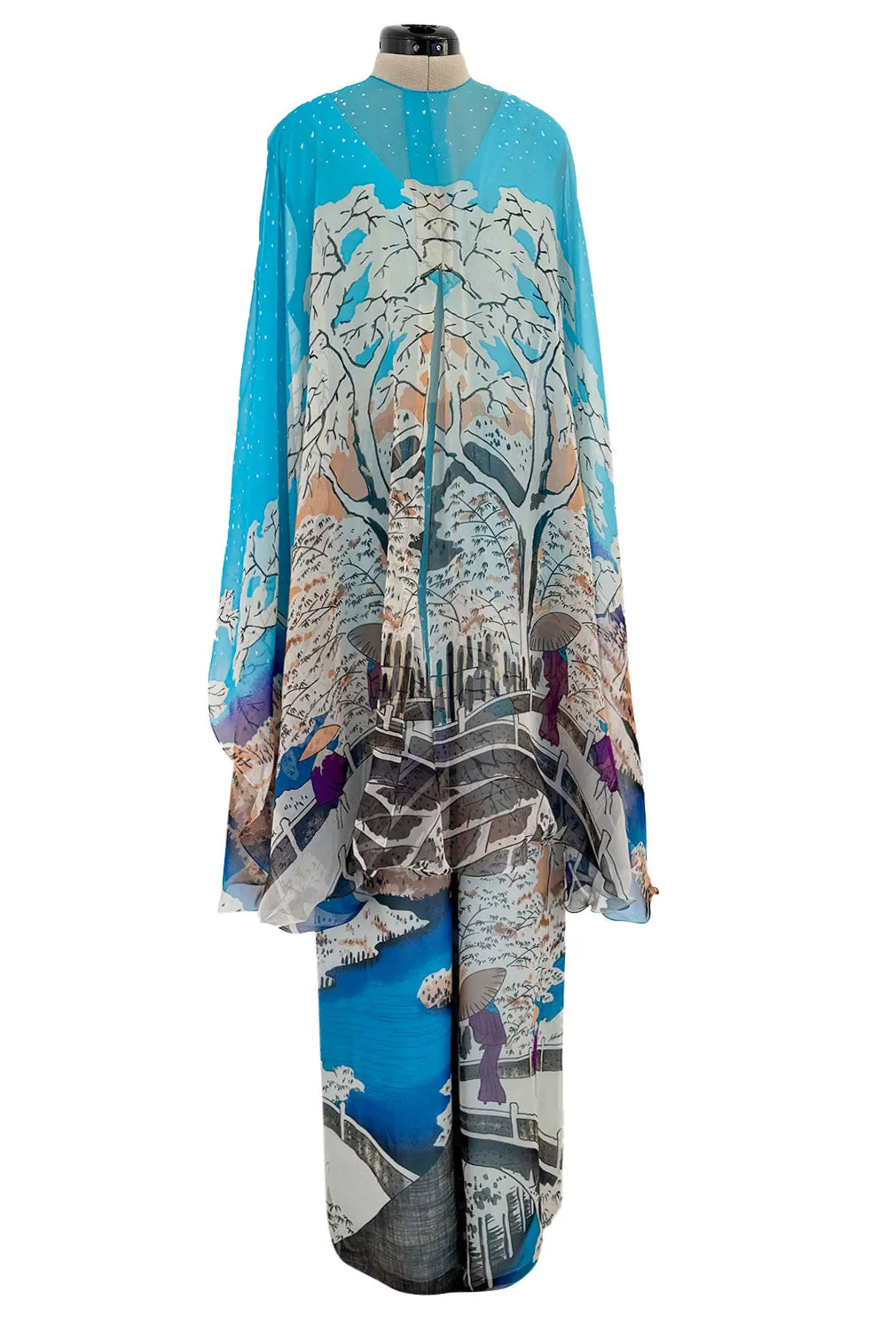 Amazing 1970s Hanae Mori Couture Silk Chiffon Scene Print Jumpsuit w Matching Cape Overlay