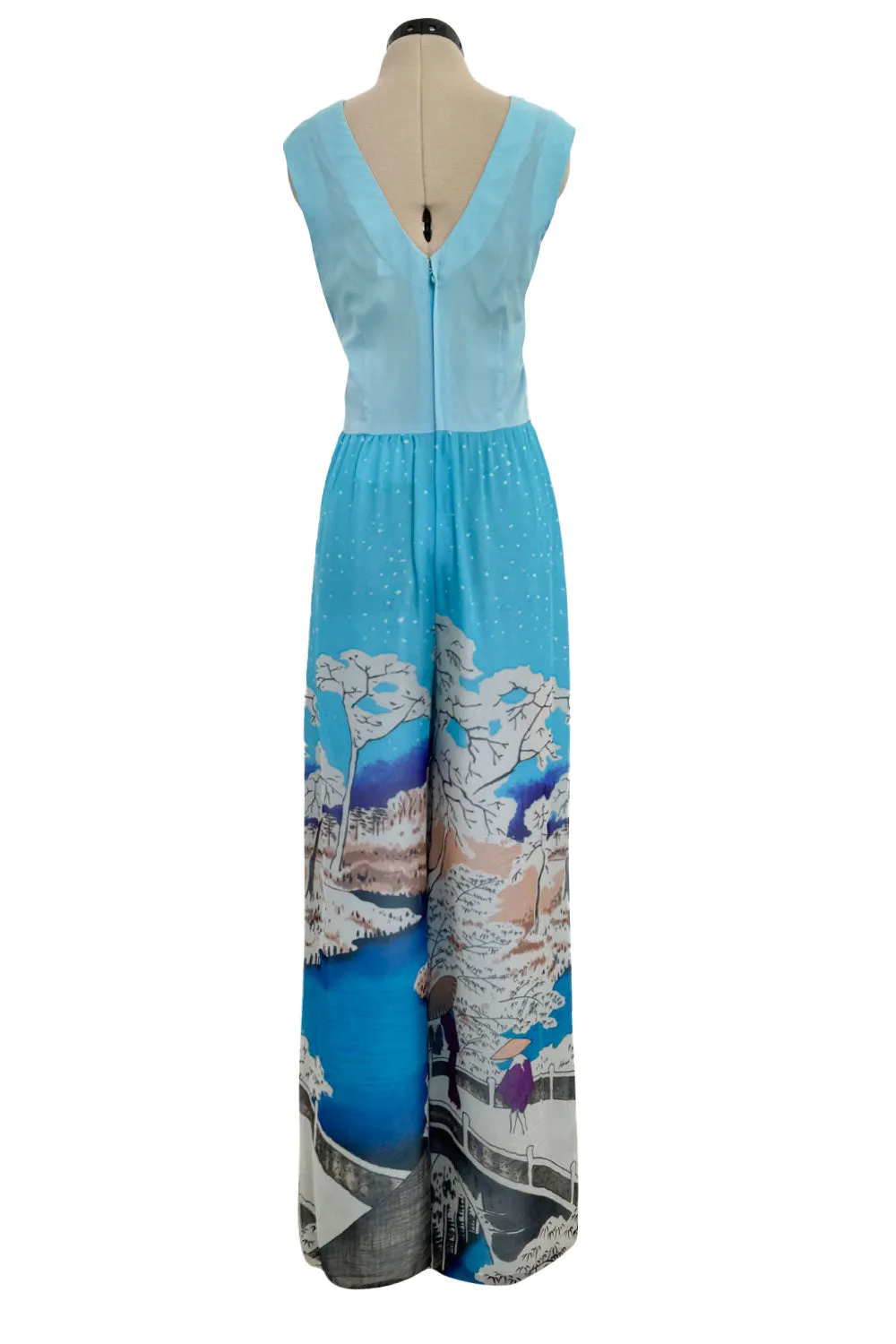 Amazing 1970s Hanae Mori Couture Silk Chiffon Scene Print Jumpsuit w Matching Cape Overlay