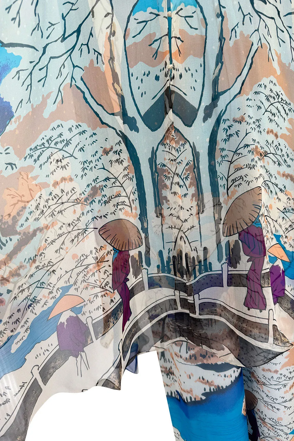 Amazing 1970s Hanae Mori Couture Silk Chiffon Scene Print Jumpsuit w Matching Cape Overlay