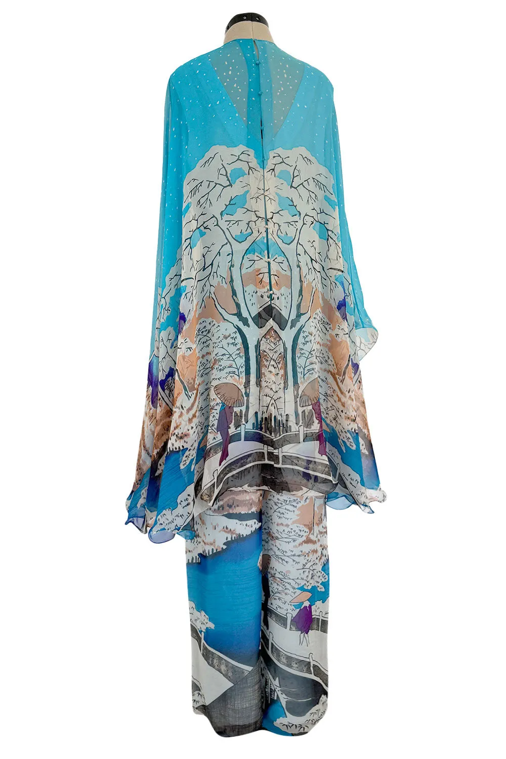Amazing 1970s Hanae Mori Couture Silk Chiffon Scene Print Jumpsuit w Matching Cape Overlay
