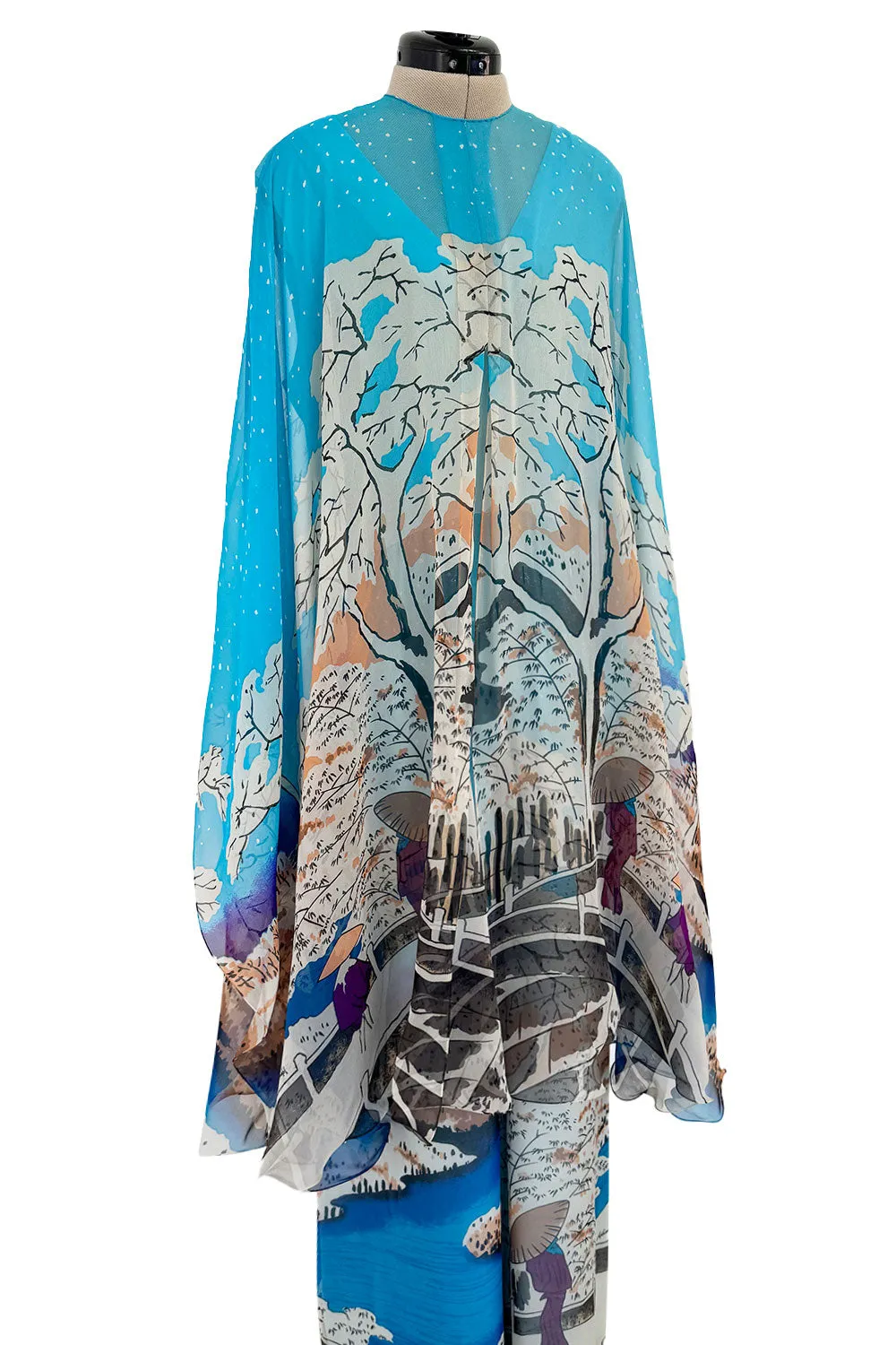 Amazing 1970s Hanae Mori Couture Silk Chiffon Scene Print Jumpsuit w Matching Cape Overlay