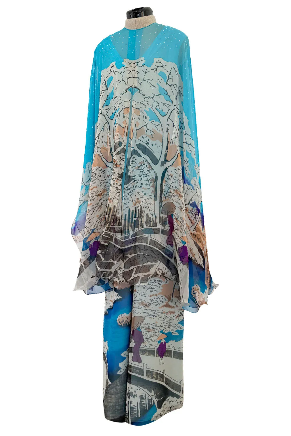 Amazing 1970s Hanae Mori Couture Silk Chiffon Scene Print Jumpsuit w Matching Cape Overlay
