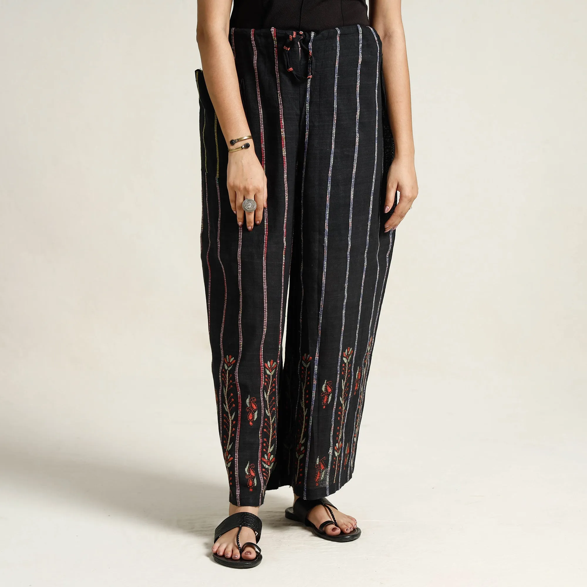 Black - Bengal Khesh Weaving Kantha Embroidery Cotton Palazzo 03