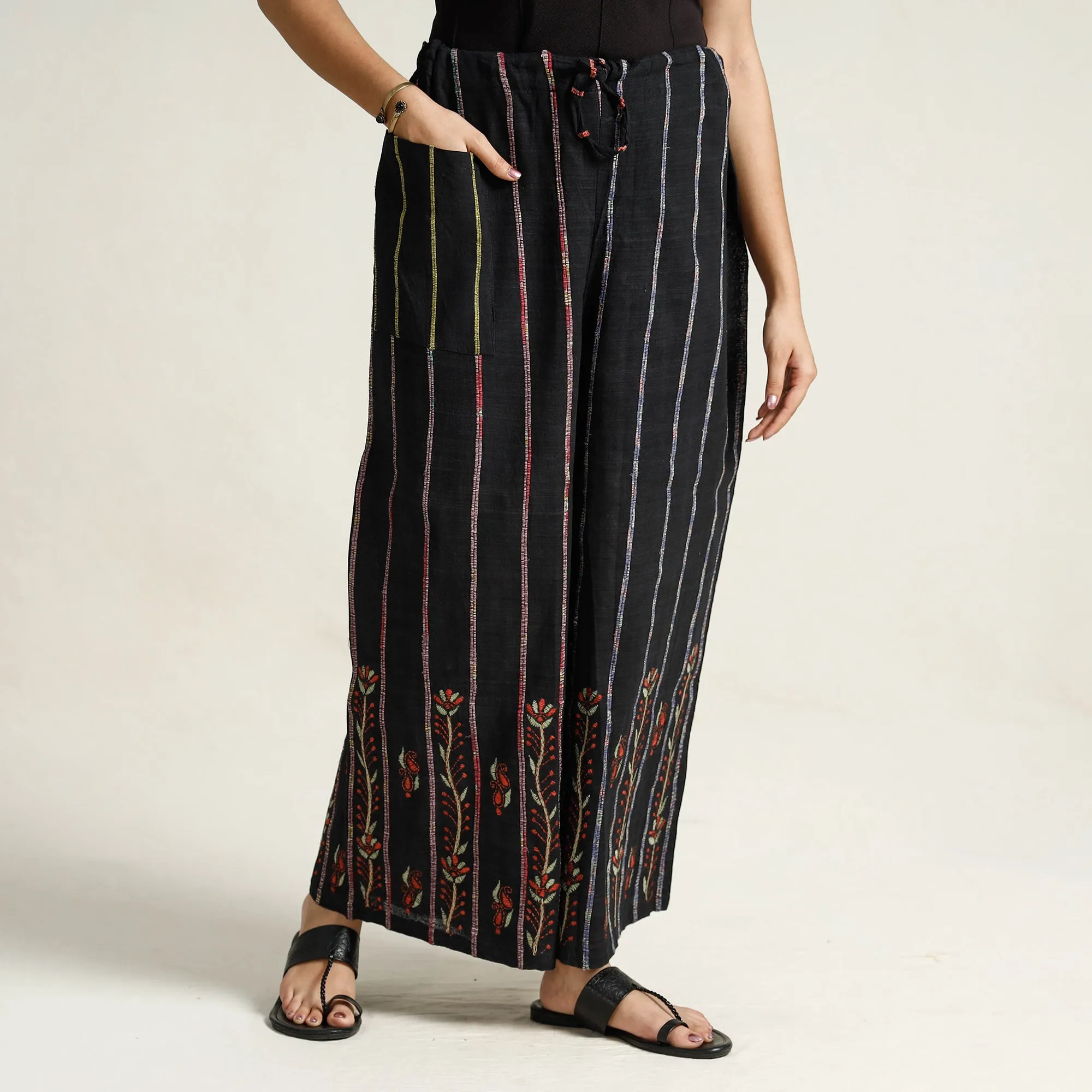 Black - Bengal Khesh Weaving Kantha Embroidery Cotton Palazzo 03