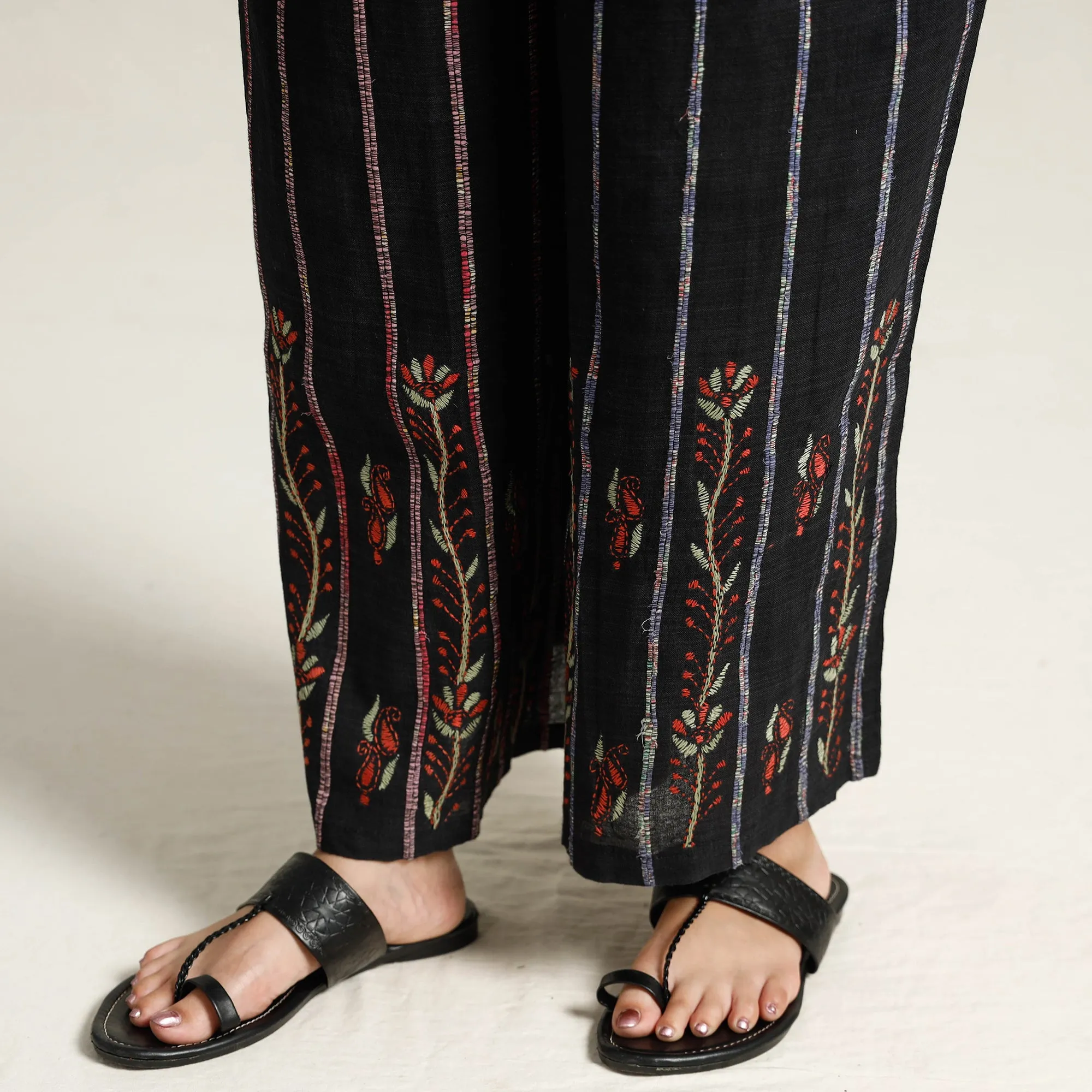 Black - Bengal Khesh Weaving Kantha Embroidery Cotton Palazzo 03
