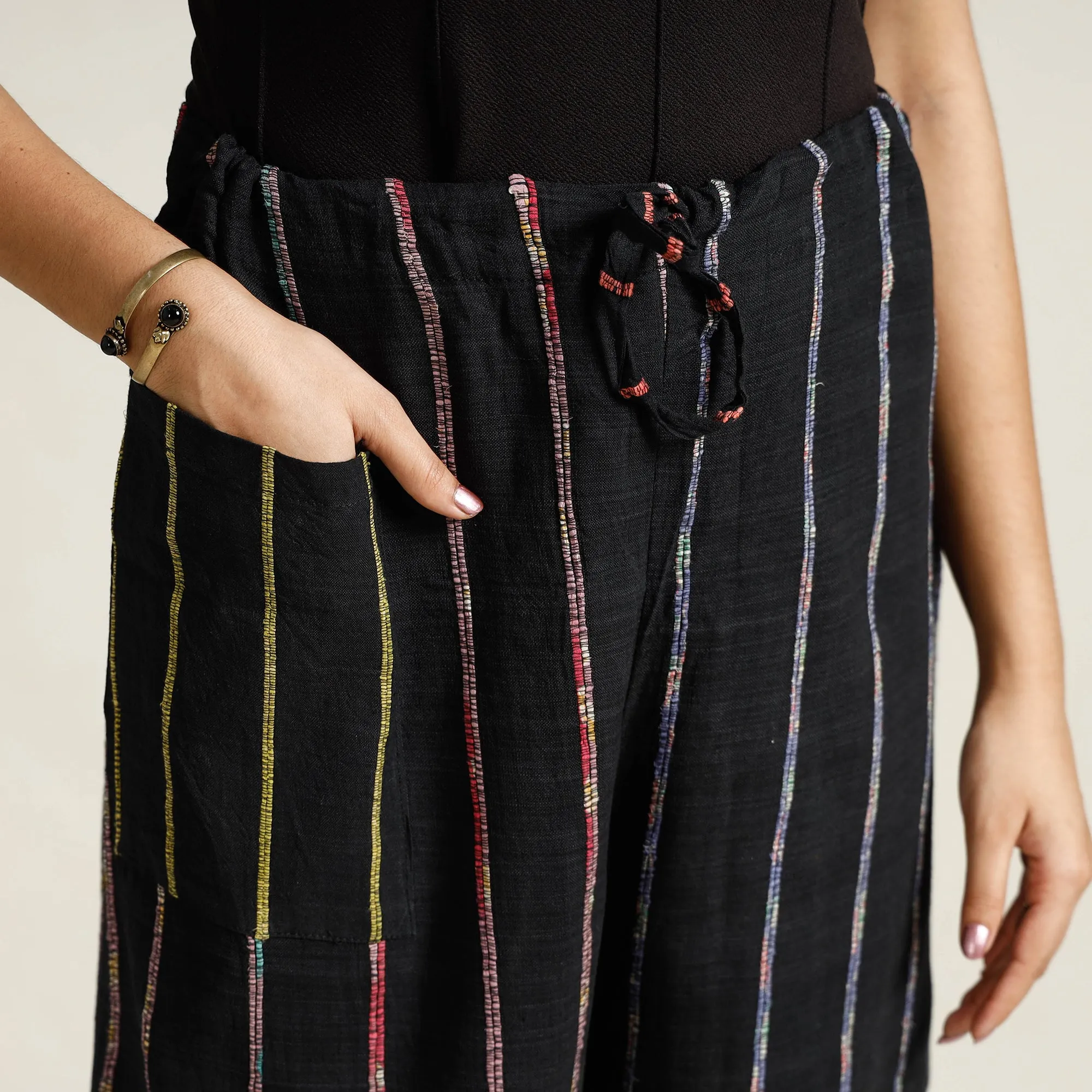Black - Bengal Khesh Weaving Kantha Embroidery Cotton Palazzo 03