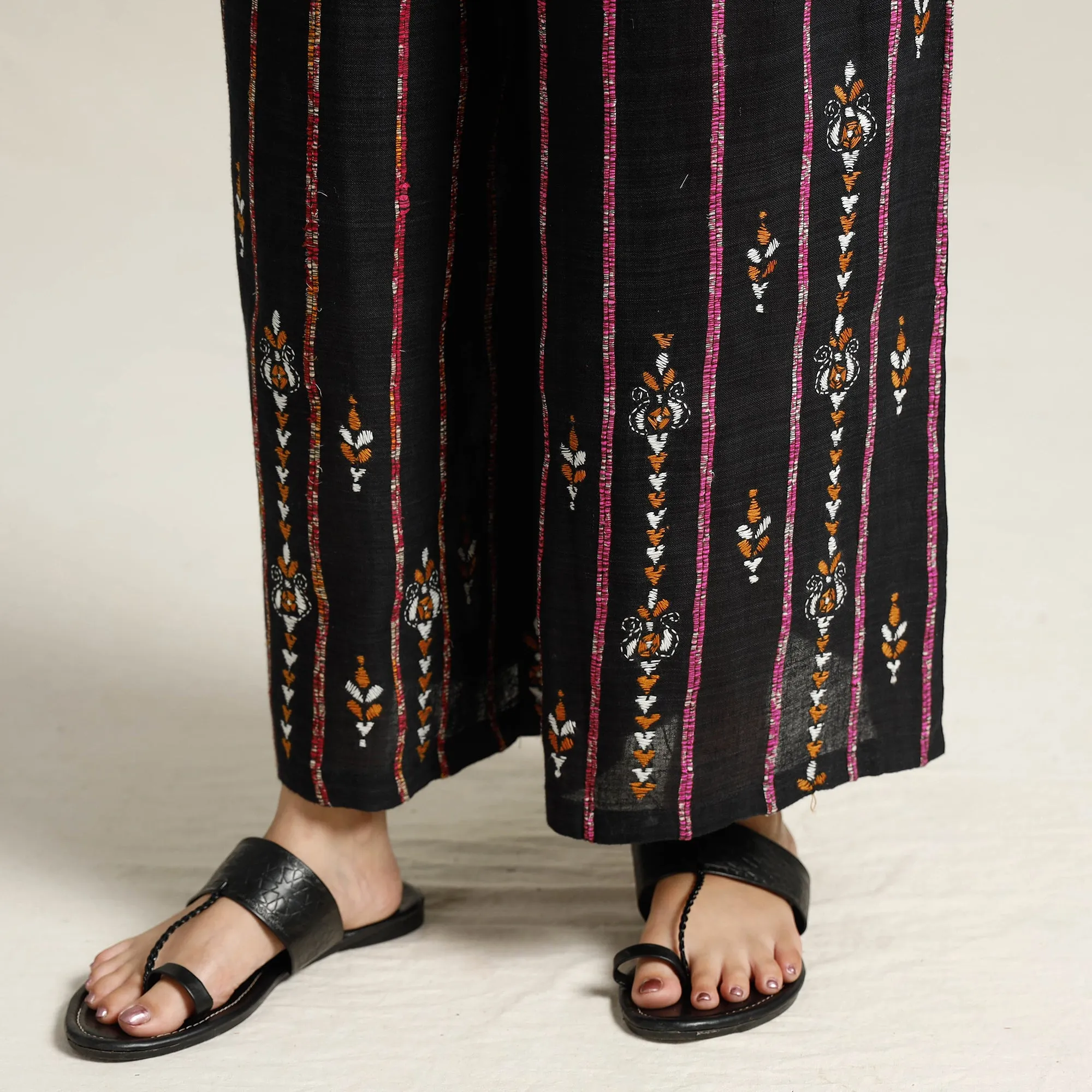 Black - Bengal Khesh Weaving Kantha Embroidery Cotton Palazzo 27