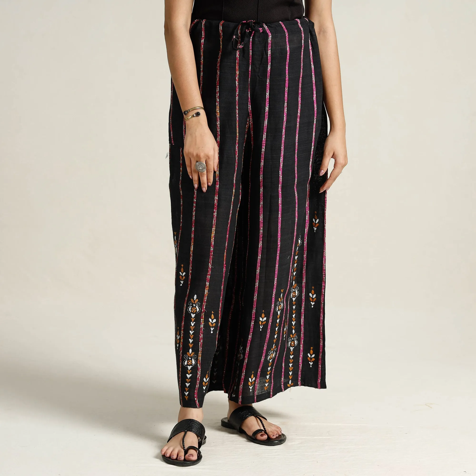 Black - Bengal Khesh Weaving Kantha Embroidery Cotton Palazzo 27