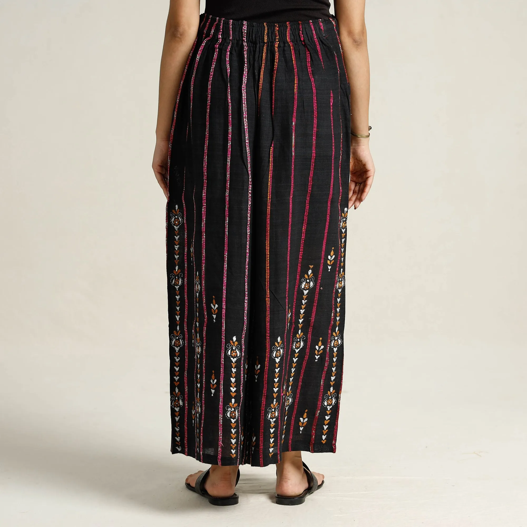 Black - Bengal Khesh Weaving Kantha Embroidery Cotton Palazzo 27