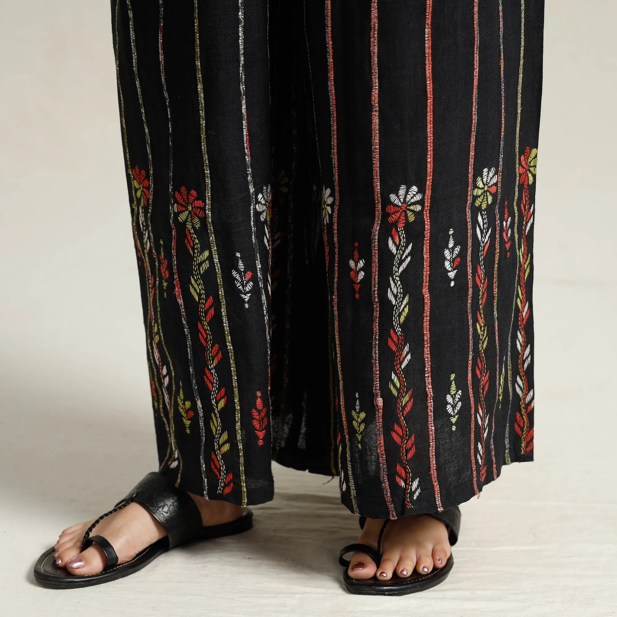 Black - Bengal Khesh Weaving Kantha Embroidery Cotton Palazzo 29