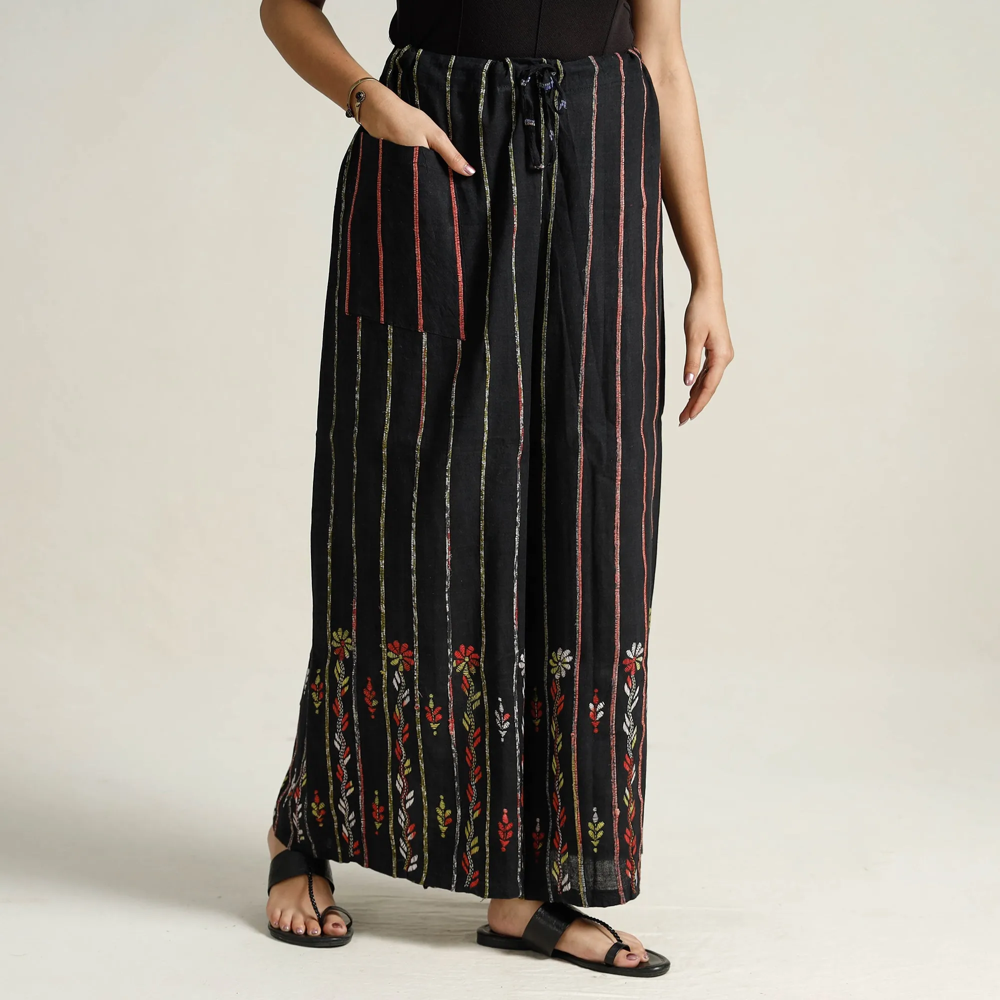 Black - Bengal Khesh Weaving Kantha Embroidery Cotton Palazzo 29