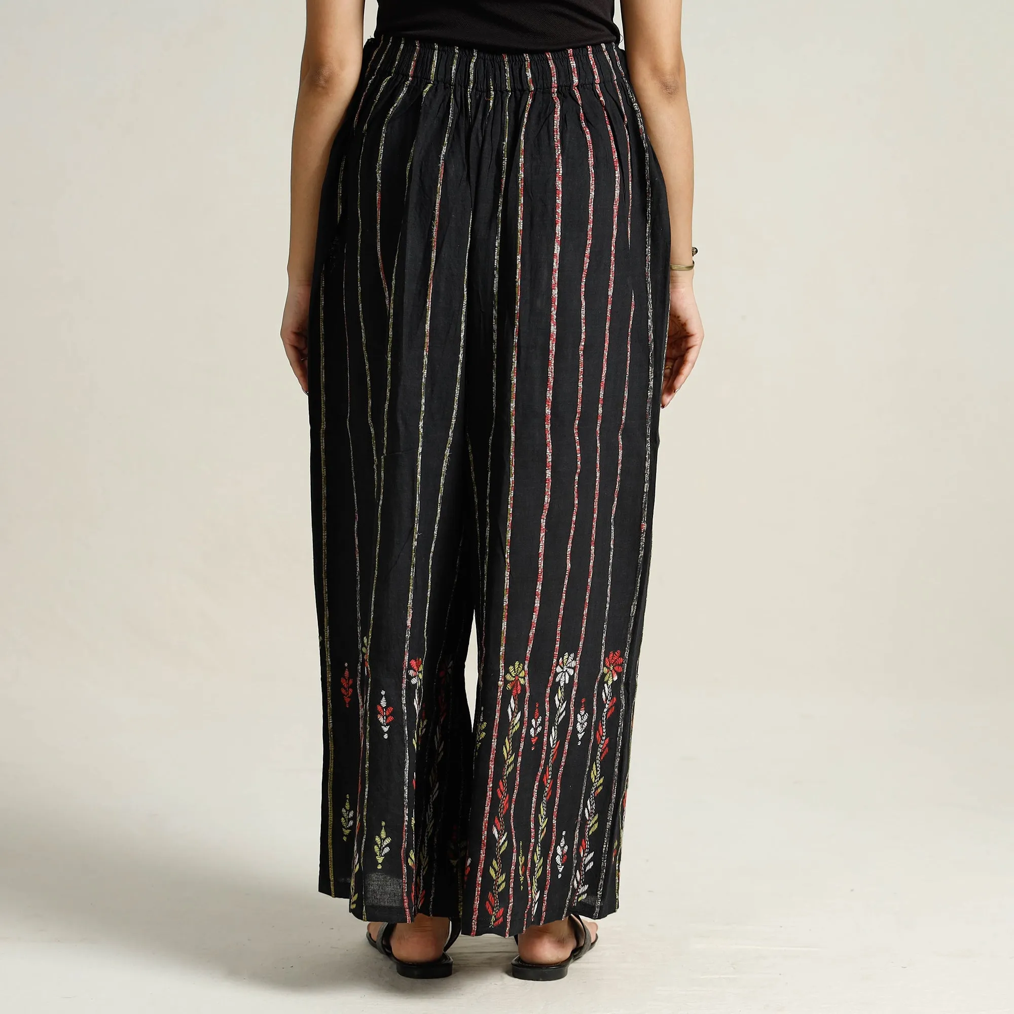 Black - Bengal Khesh Weaving Kantha Embroidery Cotton Palazzo 29