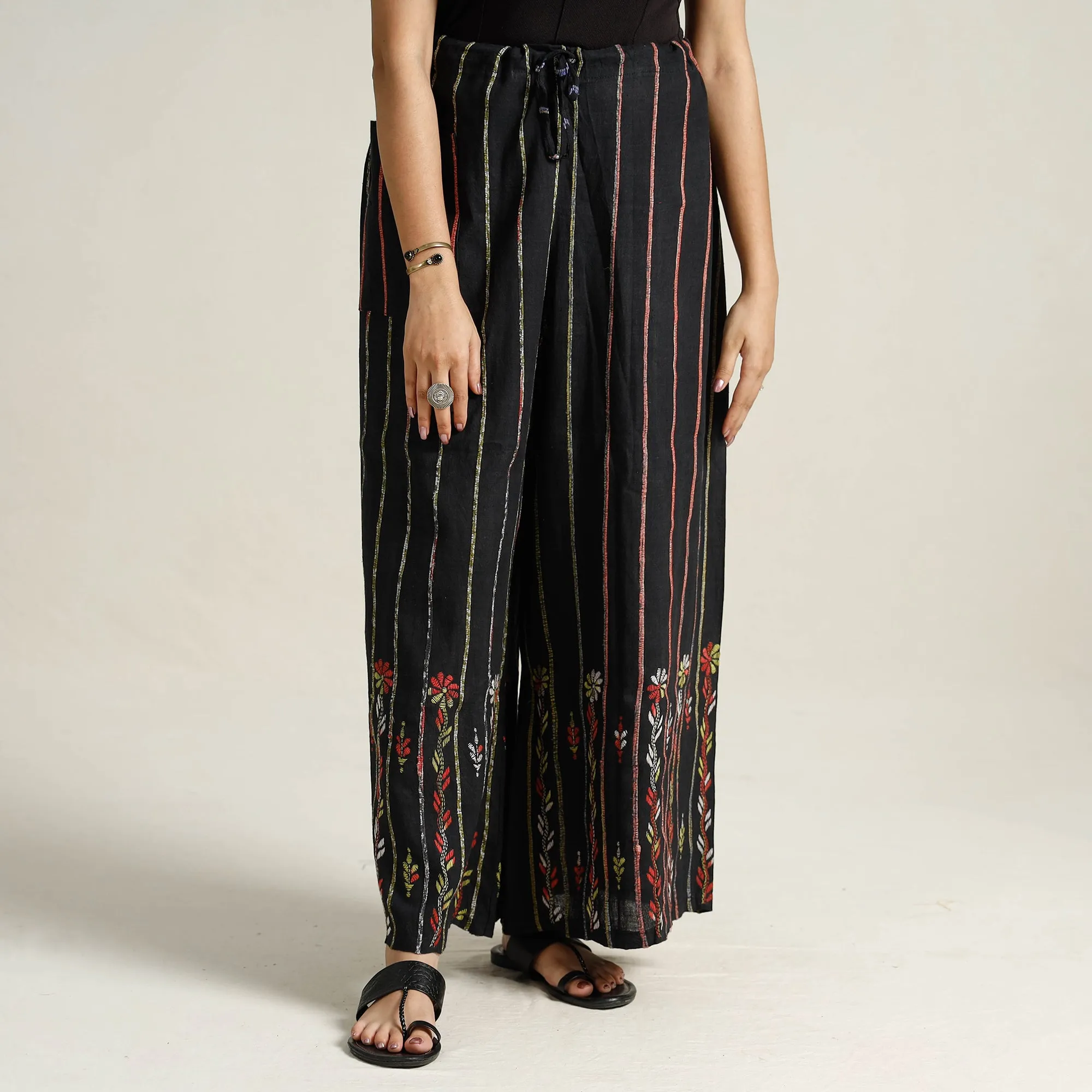 Black - Bengal Khesh Weaving Kantha Embroidery Cotton Palazzo 29