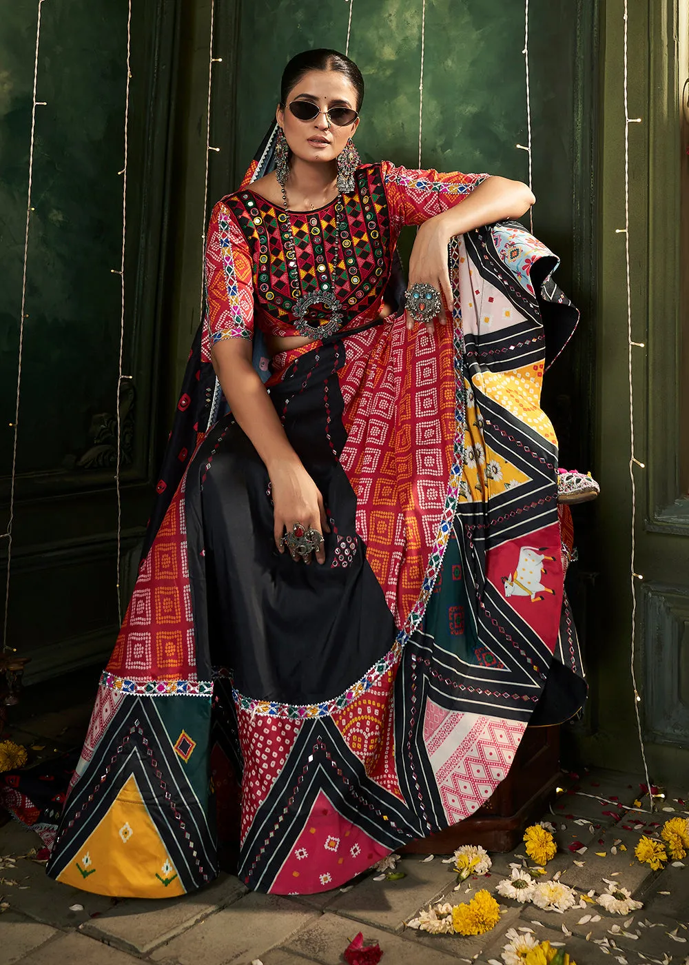 Black Multicolor Printed & Mirror Work Chaniya Choli for Navratri