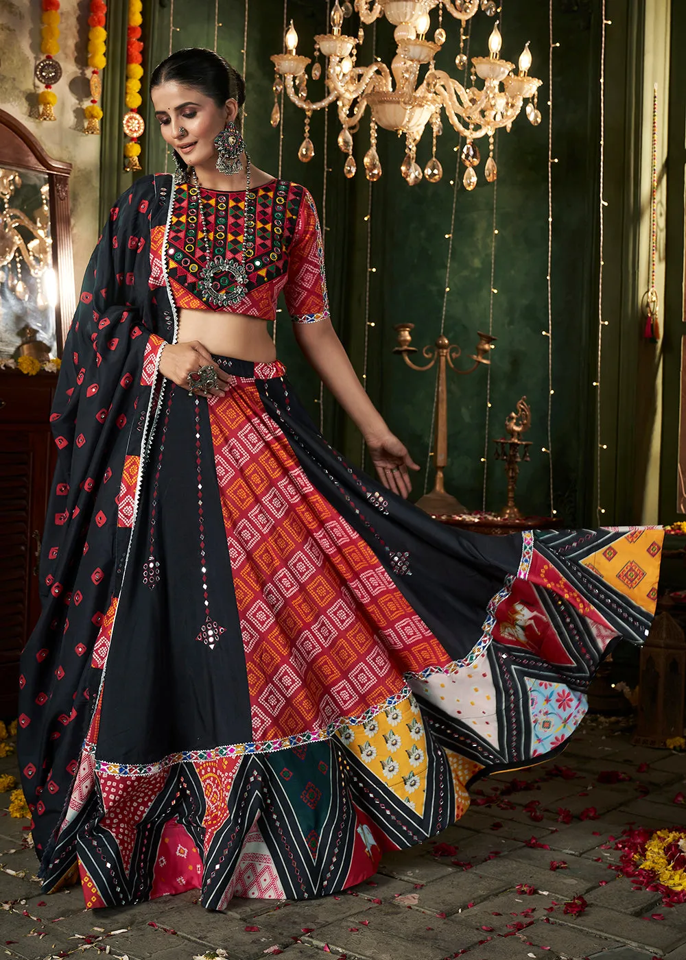 Black Multicolor Printed & Mirror Work Chaniya Choli for Navratri