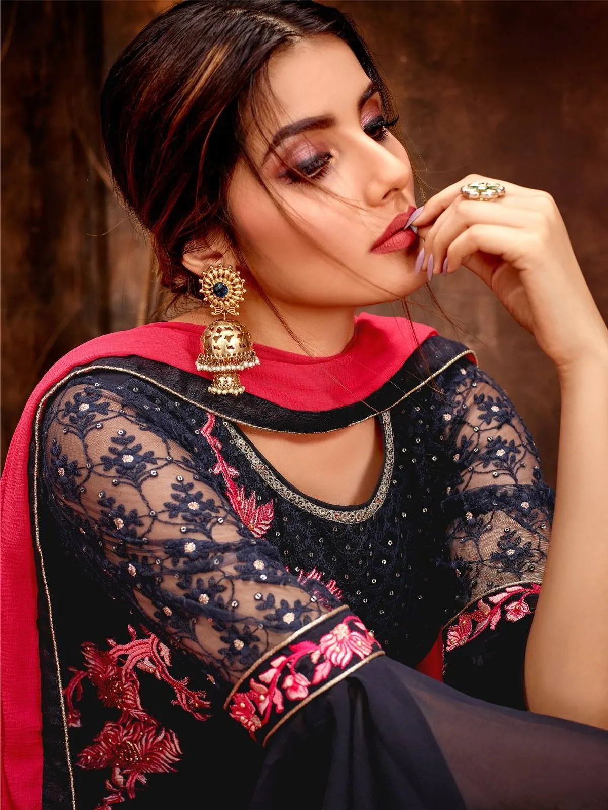 Blue And Pink Traditional Embroidered Pakistani Pant Suit