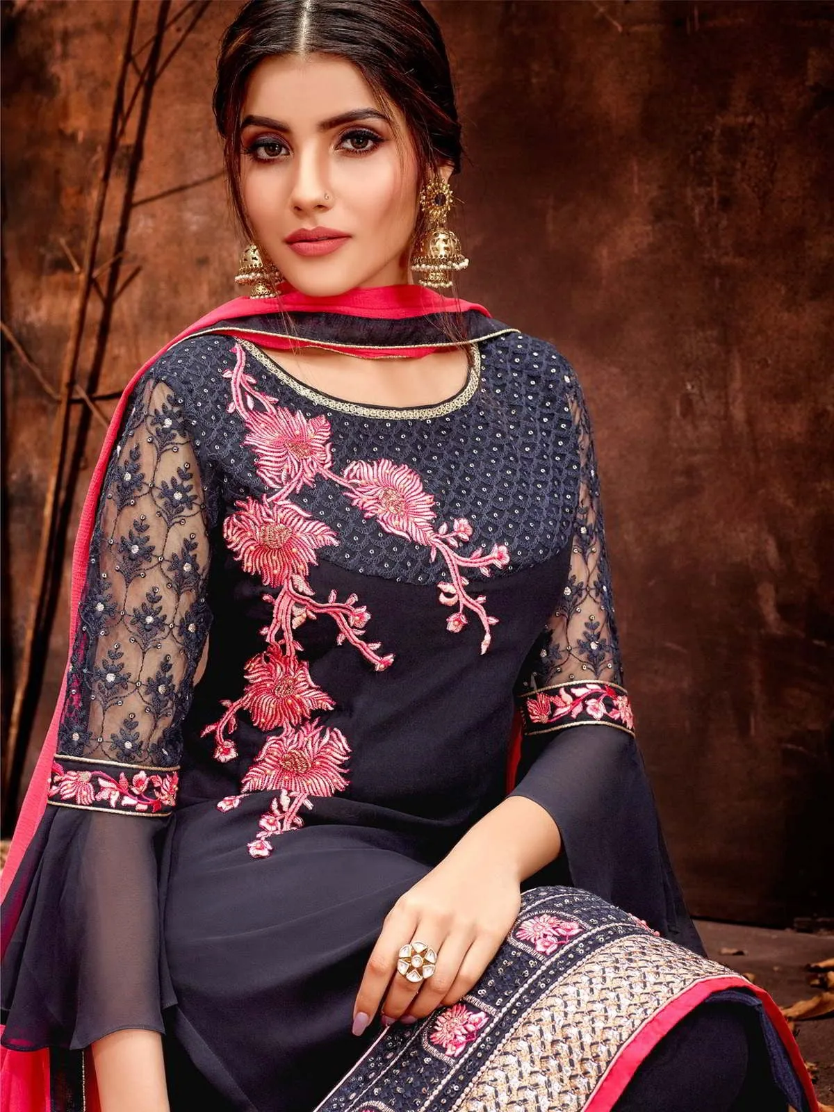 Blue And Pink Traditional Embroidered Pakistani Pant Suit