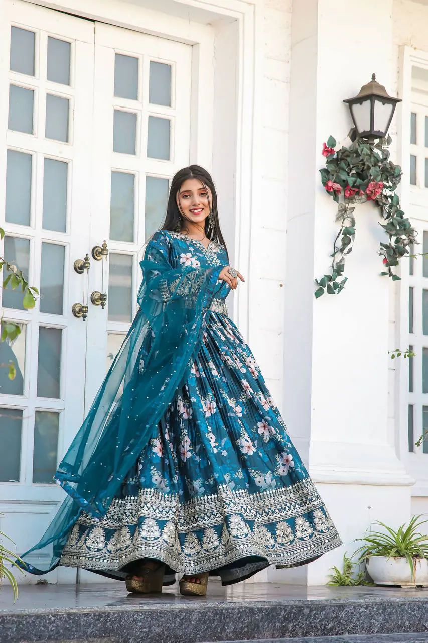 Blue Color Designer Party Wear Pure Chinon Silk Top, Palazzo & Dupatta Set