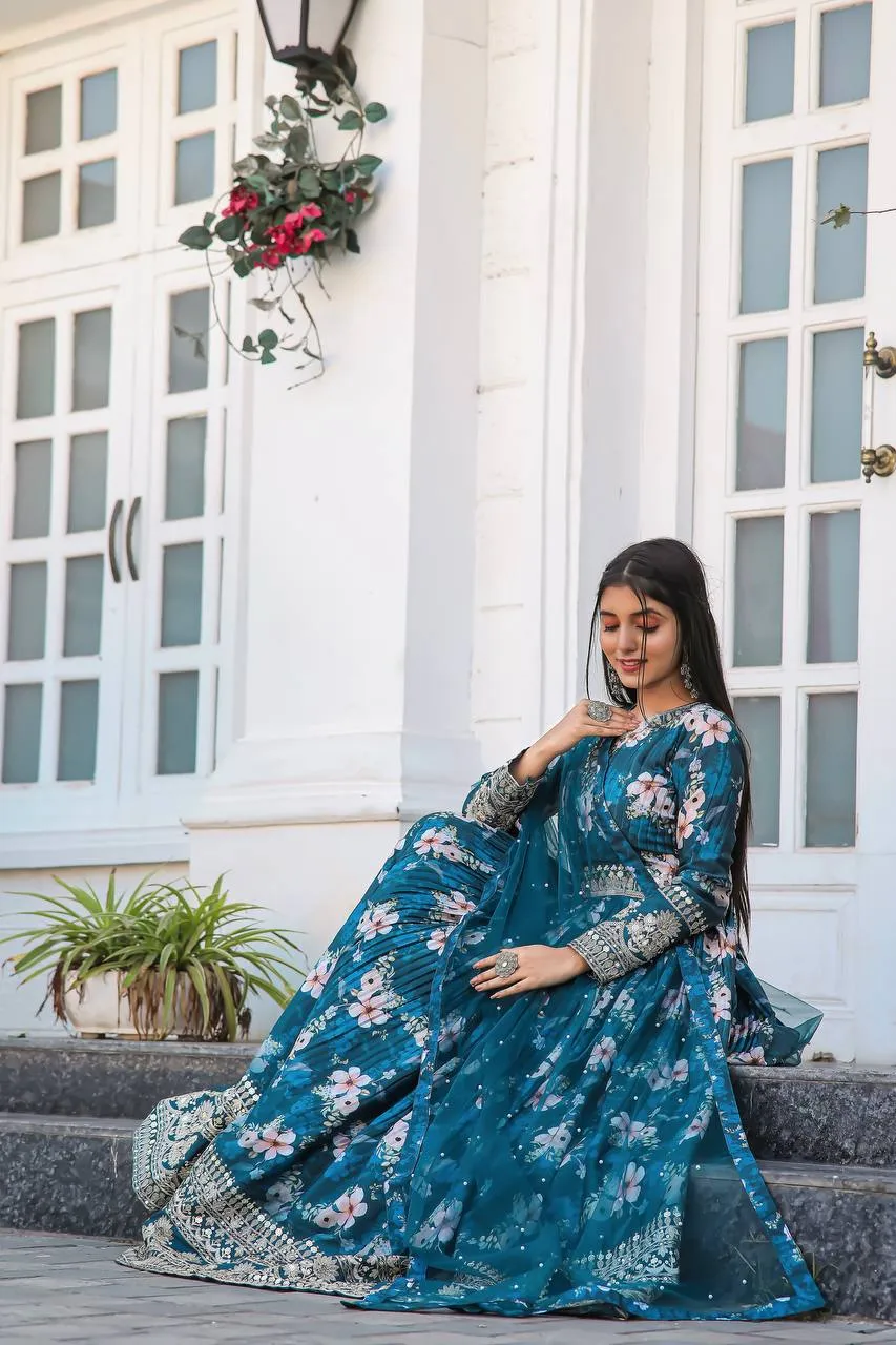 Blue Color Designer Party Wear Pure Chinon Silk Top, Palazzo & Dupatta Set