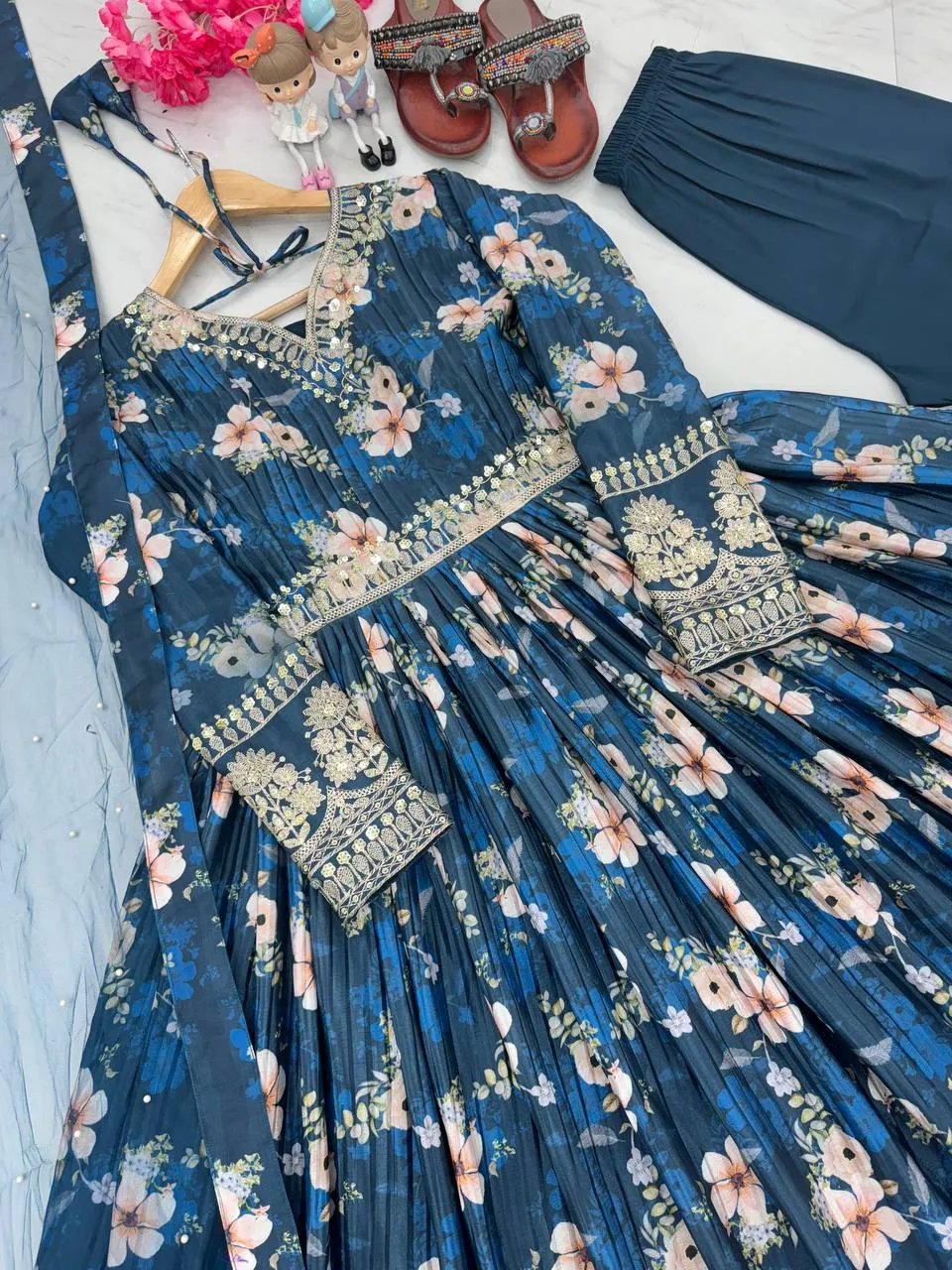 Blue Color Designer Party Wear Pure Chinon Silk Top, Palazzo & Dupatta Set