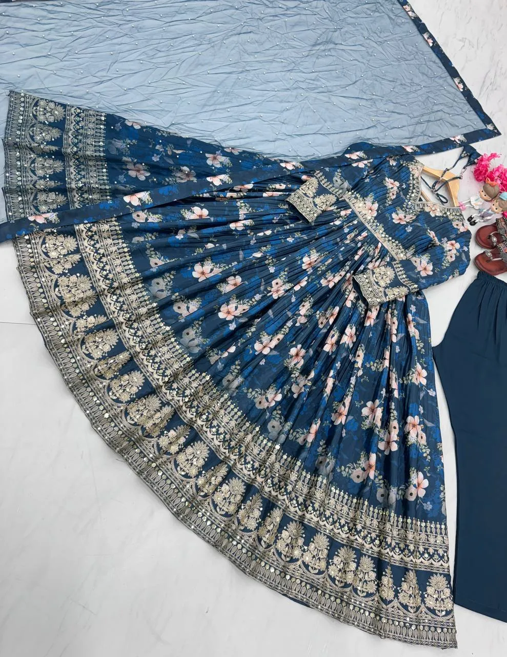 Blue Color Designer Party Wear Pure Chinon Silk Top, Palazzo & Dupatta Set