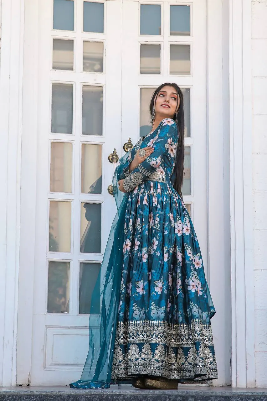 Blue Color Designer Party Wear Pure Chinon Silk Top, Palazzo & Dupatta Set