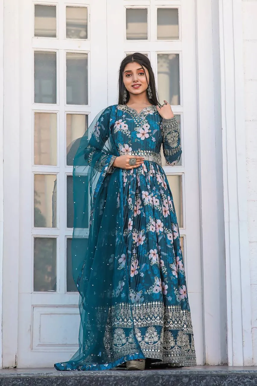 Blue Color Designer Party Wear Pure Chinon Silk Top, Palazzo & Dupatta Set