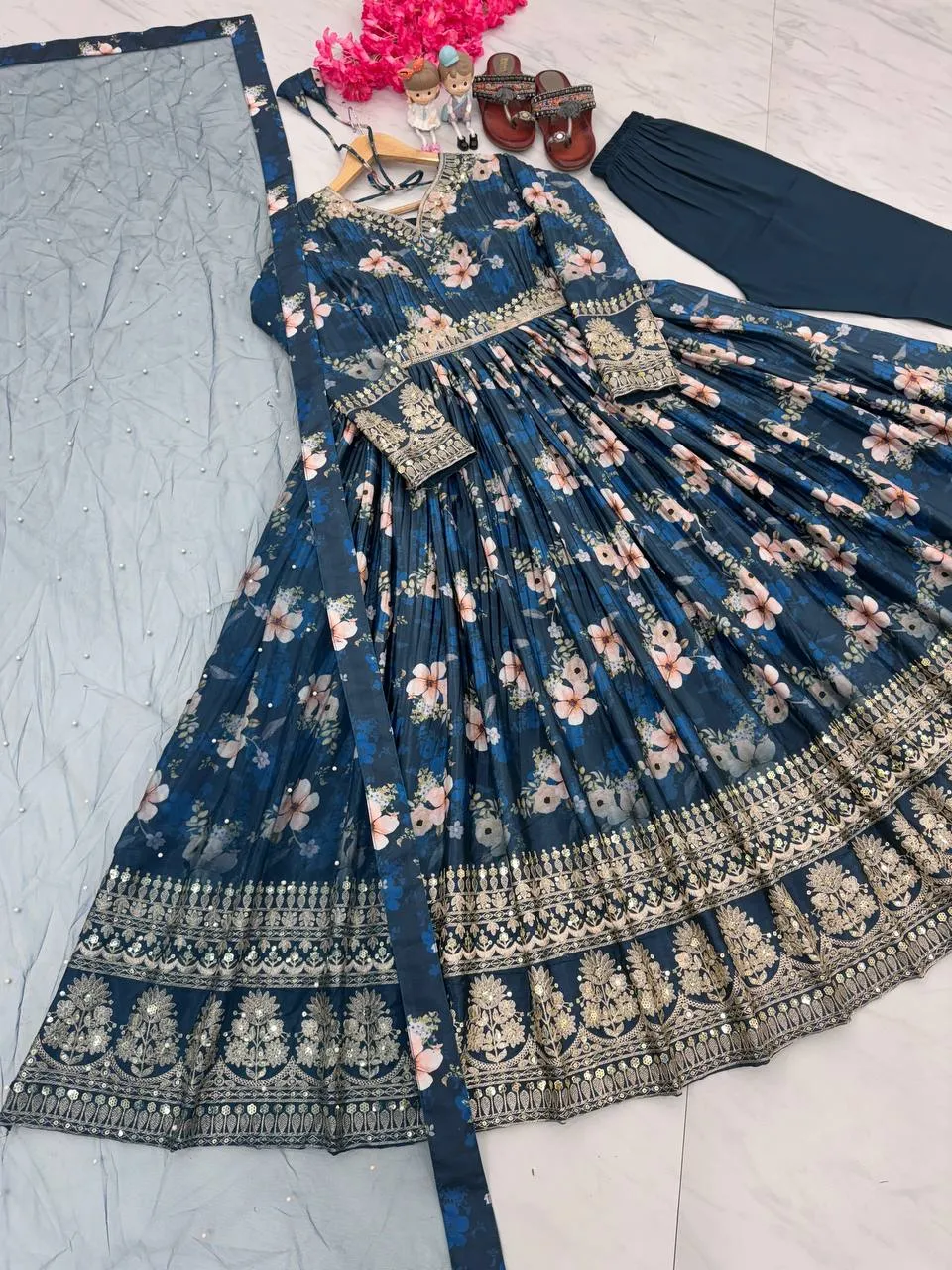 Blue Color Designer Party Wear Pure Chinon Silk Top, Palazzo & Dupatta Set