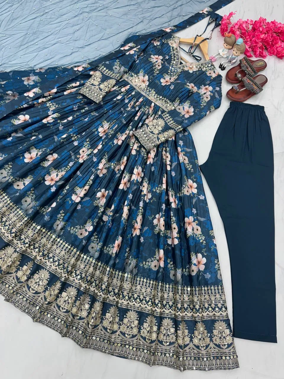 Blue Color Designer Party Wear Pure Chinon Silk Top, Palazzo & Dupatta Set