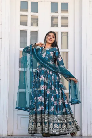 Blue Color Designer Party Wear Pure Chinon Silk Top, Palazzo & Dupatta Set