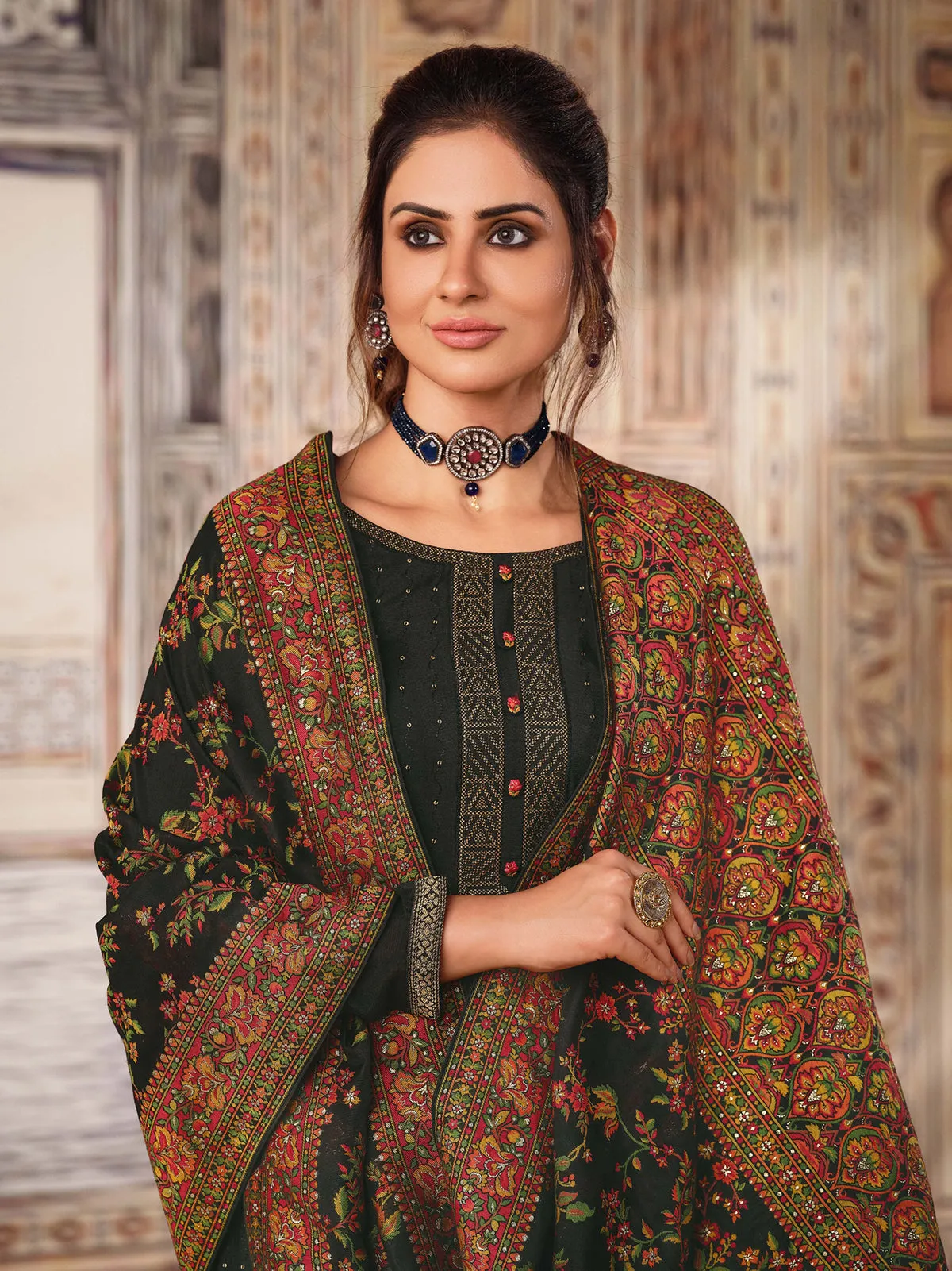 Classy Black Chinnon Sequins Embroidered Pant Style Suit