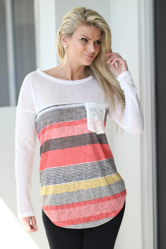 Coral Top With Crochet Pocket