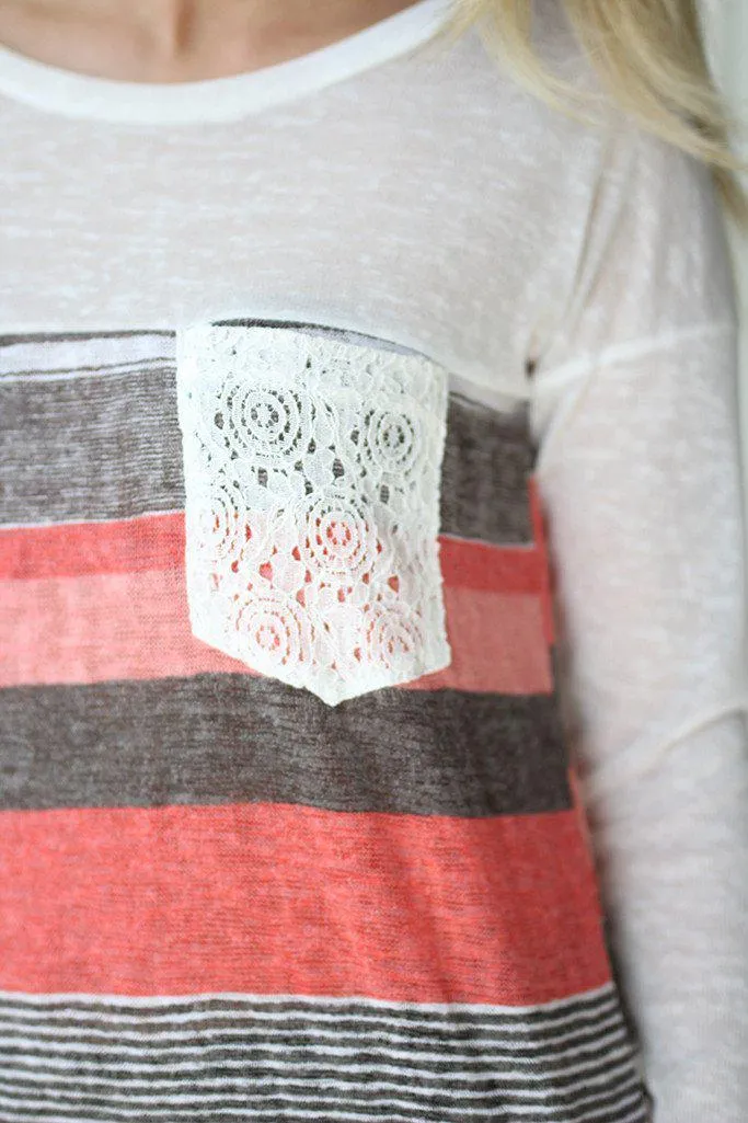 Coral Top With Crochet Pocket