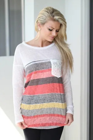 Coral Top With Crochet Pocket